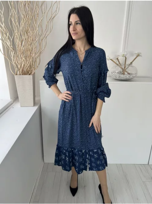 Fat Face (M) Sötétkék Apró Mintás, Elől Végig Gombos Derékban Megkötős, Buggyos Ujjú, Zsebes Ruha