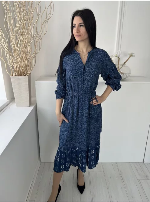 Fat Face (M) Sötétkék Apró Mintás, Elől Végig Gombos Derékban Megkötős, Buggyos Ujjú, Zsebes Ruha