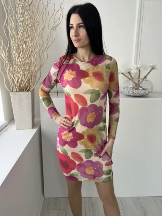   Primark (M) Barackszínű Színes Virágos, Hálós Anyagú Bélelt, Kerek Nyakú Ruha