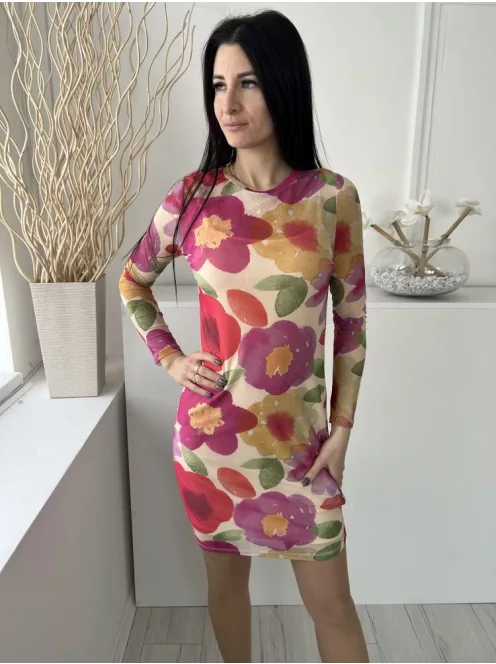 Primark (M) Barackszínű Színes Virágos, Hálós Anyagú Bélelt, Kerek Nyakú Ruha