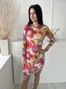 Primark (M) Barackszínű Színes Virágos, Hálós Anyagú Bélelt, Kerek Nyakú Ruha