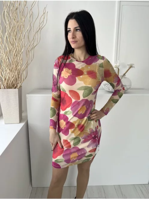 Primark (M) Barackszínű Színes Virágos, Hálós Anyagú Bélelt, Kerek Nyakú Ruha