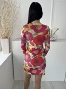 Primark (M) Barackszínű Színes Virágos, Hálós Anyagú Bélelt, Kerek Nyakú Ruha