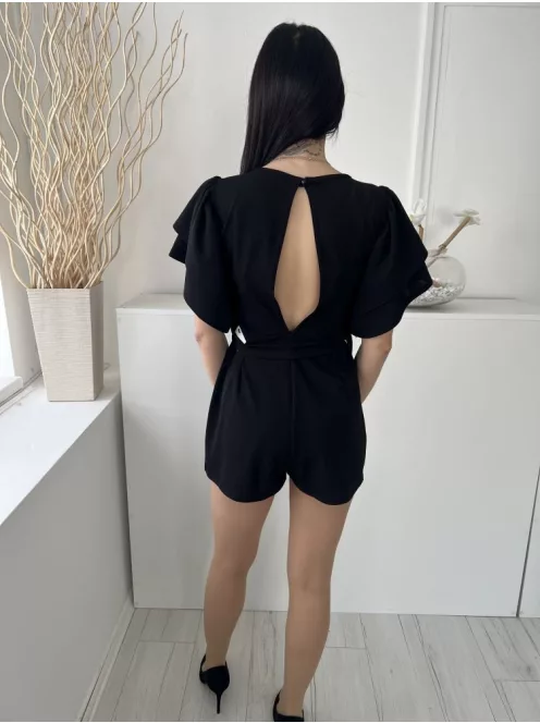 Boohoo (M) Fekete Ujján Rétegelt, Öves Derékban Szabott, Hátul Nyitott Overál