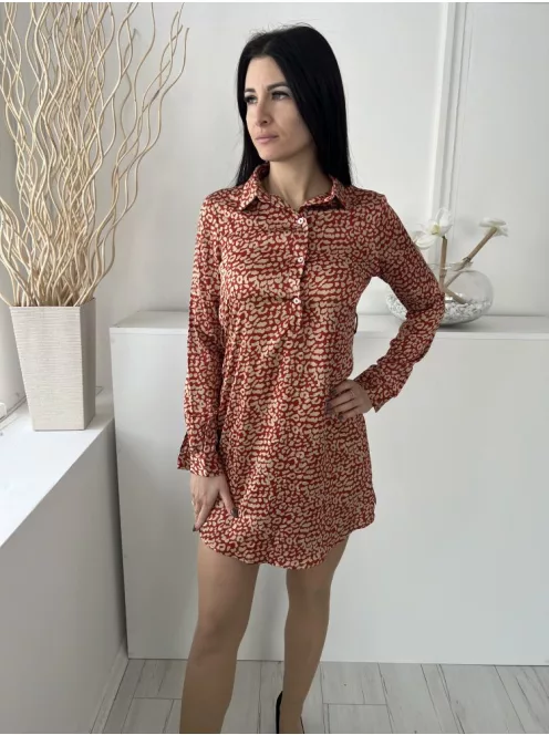 Boohoo (XS) Tégla Drapp Foltmintás, Mellnél Gombos Galléros, Fényes Anyagú Ruha