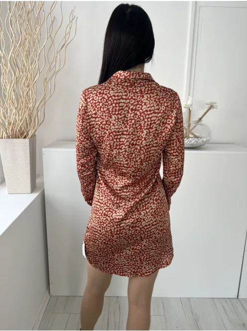 Boohoo (XS) Tégla Drapp Foltmintás, Mellnél Gombos Galléros, Fényes Anyagú Ruha