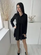 Asos (M) Fekete Mellnél Gombos, Derékban Ráncolt Fodros Aljú, Galléros Ruha