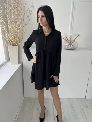   Asos (M) Fekete Mellnél Gombos, Derékban Ráncolt Fodros Aljú, Galléros Ruha