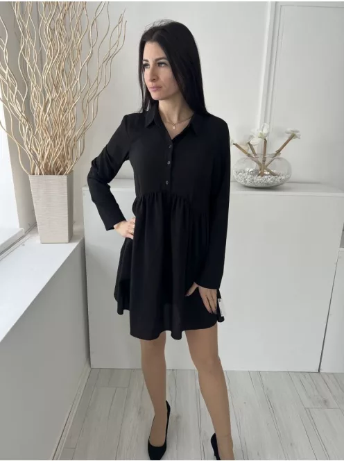 Asos (M) Fekete Mellnél Gombos, Derékban Ráncolt Fodros Aljú, Galléros Ruha