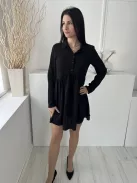 Asos (M) Fekete Mellnél Gombos, Derékban Ráncolt Fodros Aljú, Galléros Ruha