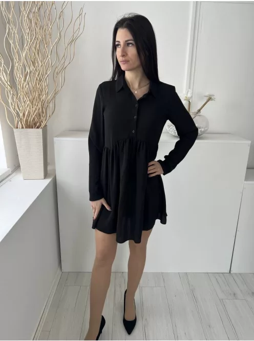 Asos (M) Fekete Mellnél Gombos, Derékban Ráncolt Fodros Aljú, Galléros Ruha