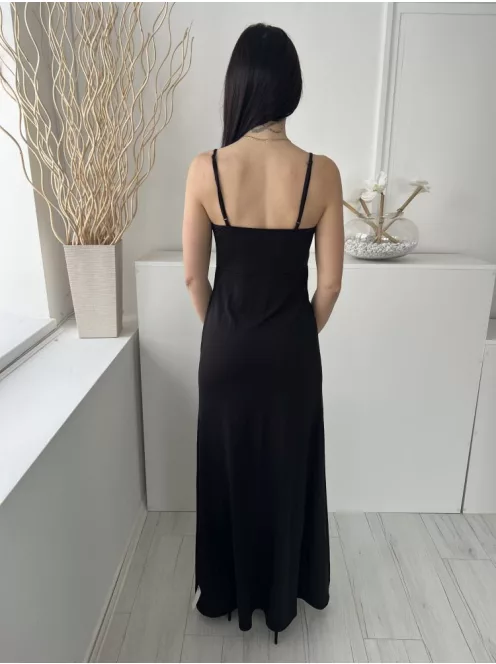 Shein (M) Fekete Mélykivágású, Oldalt Sliccelt Derékban Szabott, Pántos Ruha