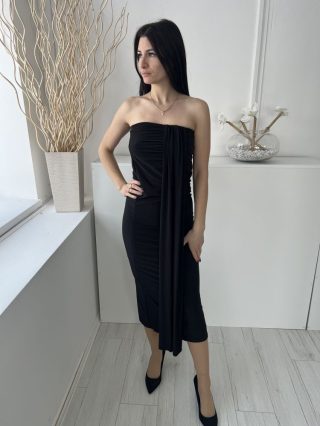   ÚJ Fashion Nova (S) Fekete Felül Gumírozott, Rugalmas Anyagú Mellnél Hosszú Díszanyagos Ruha