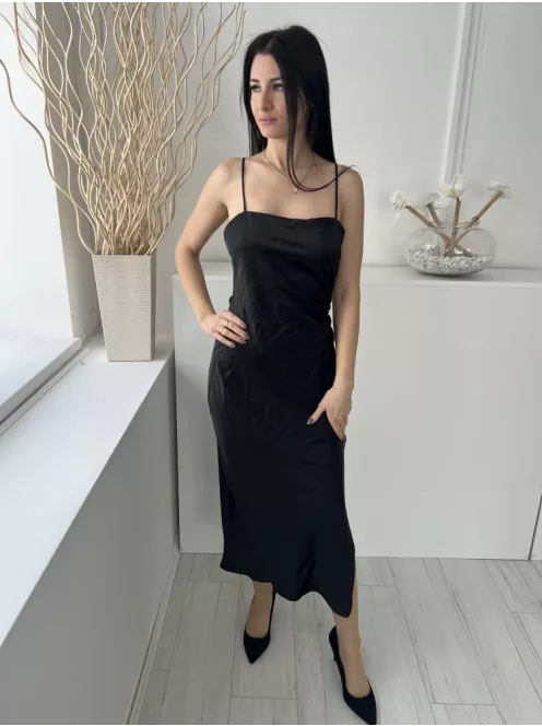 ZARA (M) Fekete Pántos, Oldalt Sliccelt Fényes Anyagú Ruha