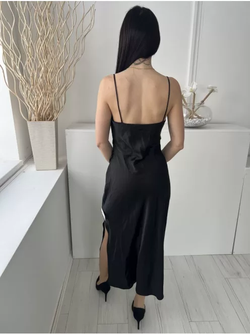 ZARA (M) Fekete Pántos, Oldalt Sliccelt Fényes Anyagú Ruha