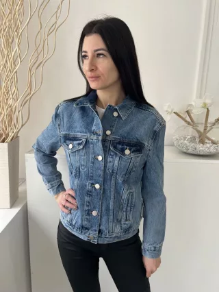   ÚJ Michelle Keegan (M) Kék Elől Gombos, Mellnél Zsebes Koptatott, Farmer Kabát