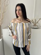ÚJ Papaya (M) Fehér Sárga-Sötétkék Csíkos, Elől Díszgombos Ejtett Gumis Vállú, Tölcsér Ujjú Felső