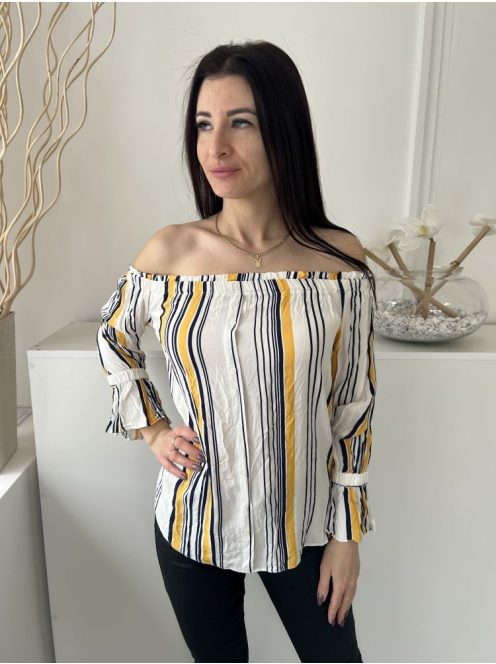ÚJ Papaya (M) Fehér Sárga-Sötétkék Csíkos, Elől Díszgombos Ejtett Gumis Vállú, Tölcsér Ujjú Felső