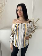 ÚJ Papaya (M) Fehér Sárga-Sötétkék Csíkos, Elől Díszgombos Ejtett Gumis Vállú, Tölcsér Ujjú Felső
