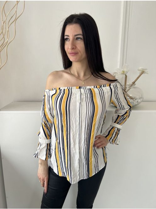 ÚJ Papaya (M) Fehér Sárga-Sötétkék Csíkos, Elől Díszgombos Ejtett Gumis Vállú, Tölcsér Ujjú Felső