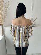 ÚJ Papaya (M) Fehér Sárga-Sötétkék Csíkos, Elől Díszgombos Ejtett Gumis Vállú, Tölcsér Ujjú Felső