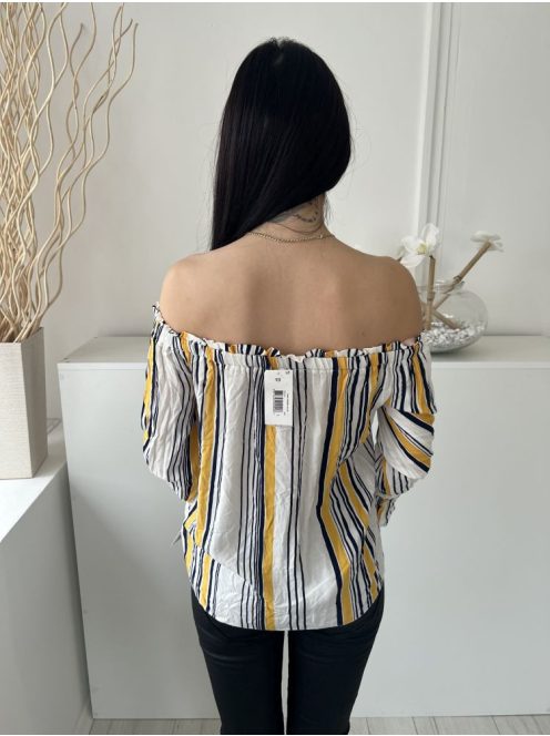 ÚJ Papaya (M) Fehér Sárga-Sötétkék Csíkos, Elől Díszgombos Ejtett Gumis Vállú, Tölcsér Ujjú Felső