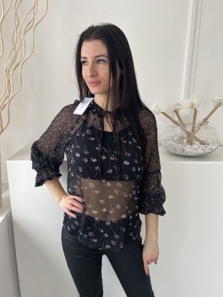   ÚJ Next (M) Fekete Lila Virágos, Nyakánál Megköthető Fodros Ujjvégű, Áttetsző, Bélés Nélküli Felső