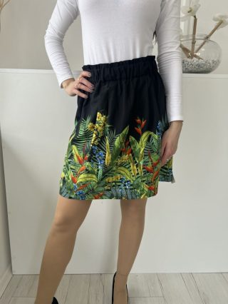   Oasis (M) Fekete Alul Színes Levélmintás, Gumisderekú Bélelt, Övtartós Szoknya