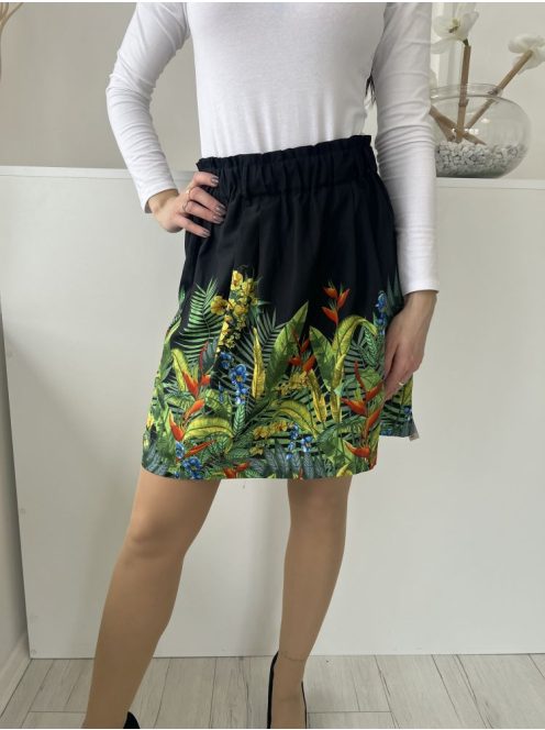 Oasis (M) Fekete Alul Színes Levélmintás, Gumisderekú Bélelt, Övtartós Szoknya