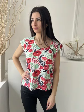   ÚJ Pepaloves (S) Fehér Piros Virágos, Kerek Nyakú Gépikötött Felső