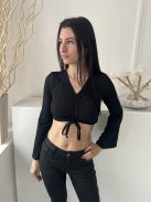 NastyGal (M) Fekete Anyagában Csíkos, Mellnél Összehúzható Megkötős, Rövid Fazonú Felső