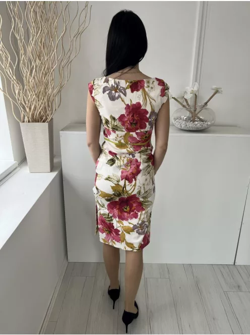 Karen Millen (M) Fehér Színes Virágos, Oldalt Cipzáros Sliccelt, V Kivágású Ruha