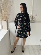 By Very (M) Fekete Színes Virágos, Hátul Cipzáros Ujjvégén Megköthető Ruha