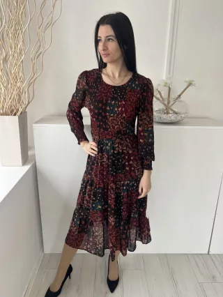   Apricot (M) Bordó-Zöld-Fekete Sűrű Virágos, Felül Darázsolt Fodros Aljú, Szoknyarészben Bélelt Ruha