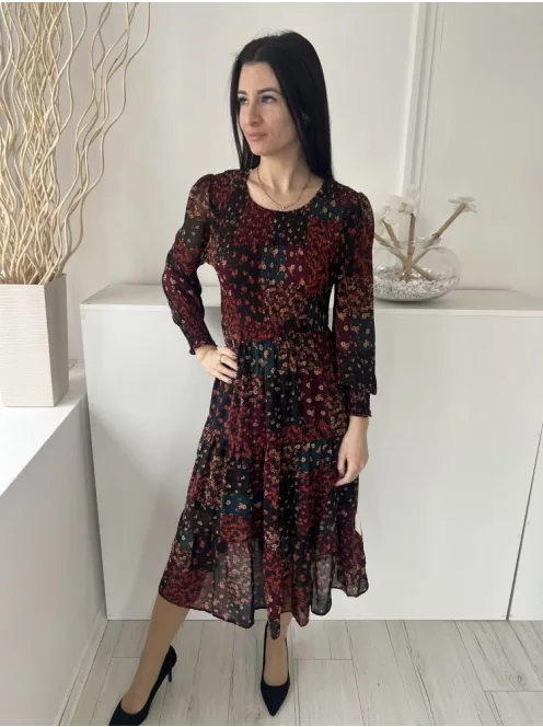Apricot (M) Bordó-Zöld-Fekete Sűrű Virágos, Felül Darázsolt Fodros Aljú, Szoknyarészben Bélelt Ruha