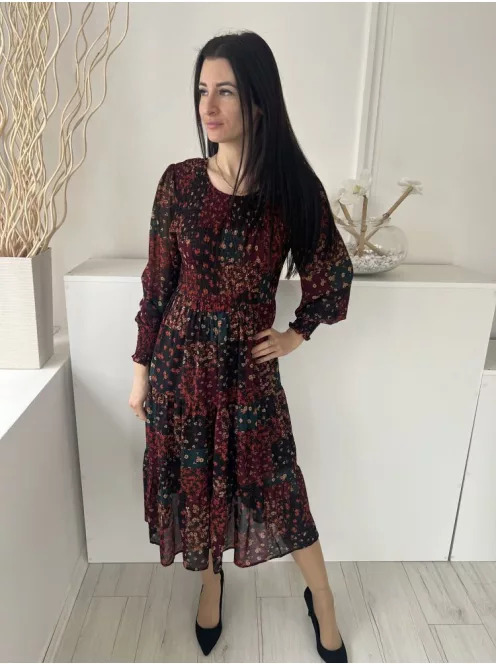 Apricot (M) Bordó-Zöld-Fekete Sűrű Virágos, Felül Darázsolt Fodros Aljú, Szoknyarészben Bélelt Ruha