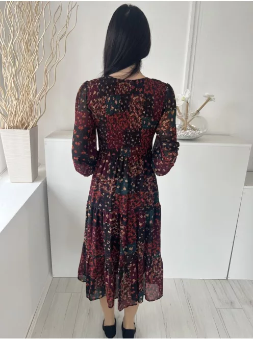 Apricot (M) Bordó-Zöld-Fekete Sűrű Virágos, Felül Darázsolt Fodros Aljú, Szoknyarészben Bélelt Ruha