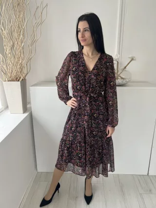   Next (M) Fekete Színes Mintás, Gumisderekú Derékban Megkötős, Gumis Ujjvégű Ruha