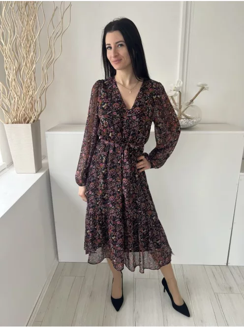 Next (M) Fekete Színes Mintás, Gumisderekú Derékban Megkötős, Gumis Ujjvégű Ruha