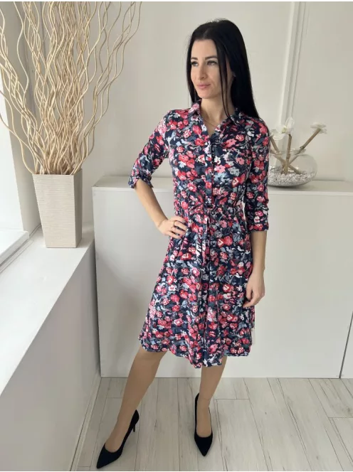 Joules (XS) Sötétkék Színes Virágos, Elől Végig Gombos Derékban Megkötős, Zsebes Ruha