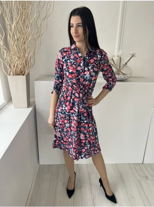 Joules (XS) Sötétkék Színes Virágos, Elől Végig Gombos Derékban Megkötős, Zsebes Ruha