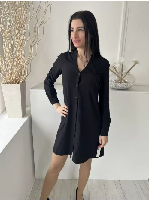 Justfab (XS) Fekete Elől Végig Gombos, Felgombolható Ujjvégű Mellnél Zsebes Ruha