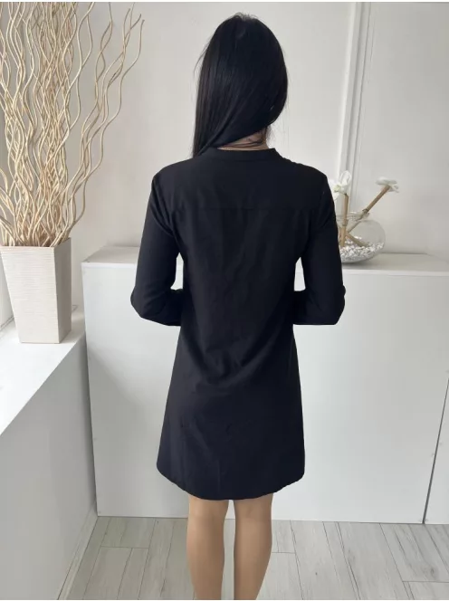 Justfab (XS) Fekete Elől Végig Gombos, Felgombolható Ujjvégű Mellnél Zsebes Ruha