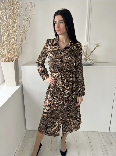 Akos (M) Barna Mintás, Elől Végig Gombos Derékban Megkötős, Galléros Ruha