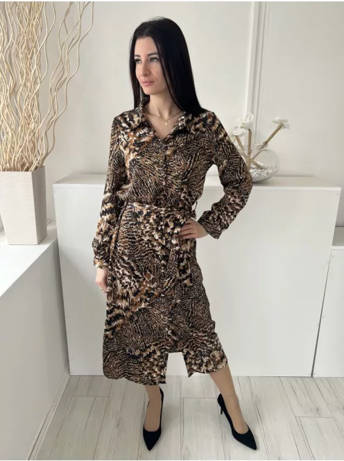 Akos (M) Barna Mintás, Elől Végig Gombos Derékban Megkötős, Galléros Ruha