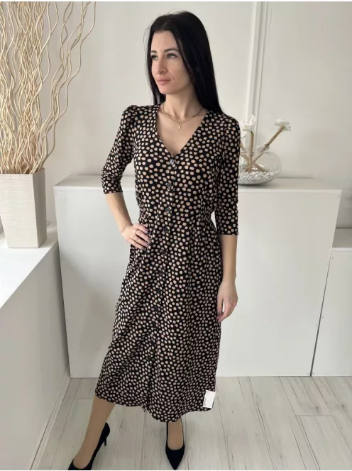 New Look (M) Fekete Barna Pöttyös, Elől Végig Gombos Buggyos Vállú, Oldalt Darázsolt Ruha