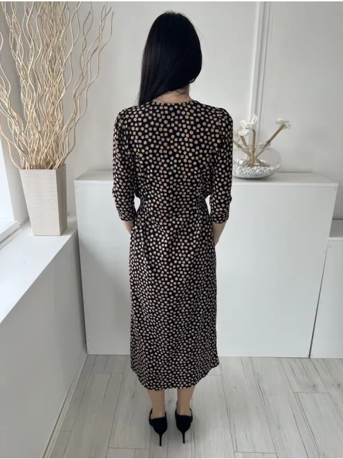 New Look (M) Fekete Barna Pöttyös, Elől Végig Gombos Buggyos Vállú, Oldalt Darázsolt Ruha
