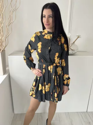   Missguided (M) Fekete Fehér Pöttyös és Sárga Virágos, Elől Gombos Derékban Megkötős, Bélelt Ruha