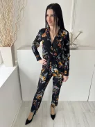  (M) Fekete Színes Virágos, Mellnél Átlapolt Gumisderekú, Galléros Overál