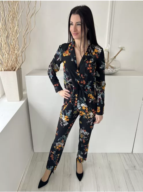  (M) Fekete Színes Virágos, Mellnél Átlapolt Gumisderekú, Galléros Overál